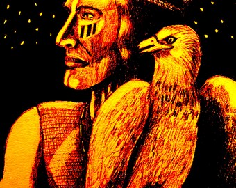 American Indian Artwork,American Indian Prints, Native American Artwork,Native American Drawing - One Feather & Hawk (Digital Download ONLY)