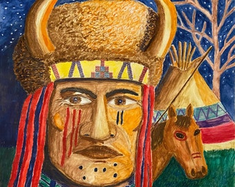 American Indian Artwork, American Indian Prints, Native American Artwork, Native American Drawing -War Has Come Again (Unframed Color Print)