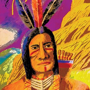 Puede incluir: Una pintura de un hombre nativo americano con el pelo largo y negro que lleva un tocado de plumas y un collar de cuentas. Lleva una camisa marrón con cuello blanco y un diseño rojo y blanco. El fondo es un paisaje morado y amarillo.