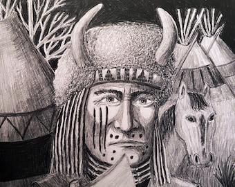 American Indian Artwork, American Indian Prints, Native American Artwork, Native American Drawing -War Has Come Again (Unframed B+W Print)