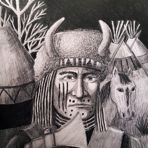 May include: A black and white drawing of a Native American man wearing a fur hat with horns, a beaded necklace, and holding an axe. He is standing in front of a teepee and a horse.