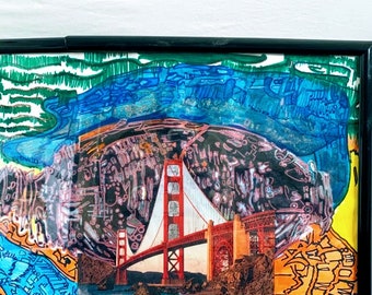 Pode incluir: Uma colagem enquadrada com um design abstrato colorido com uma imagem da Golden Gate Bridge em vermelho e branco no centro. A colagem é enquadrada em preto e tem um fundo branco.
