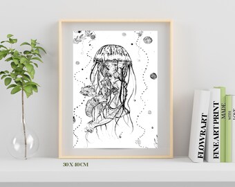 黄金のクラゲのジクレー版画：手描きのA4水彩画「海のアート」 - Etsy 日本