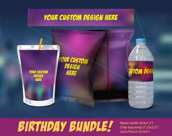 Custom Cartoon Party Labels Bundle: Chip Bag, Water Bottle, Capri Sun (Digital)