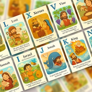 Cartes bibliques de A à Z pour les enfants - Alphabet chrétien imprimable - Histoires bibliques avec versets - Téléchargement numérique - École du dimanche