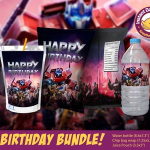 Autocollant d&#39;anniversaire Transformer Capri, sac à chips et bouteille d&#39;eau