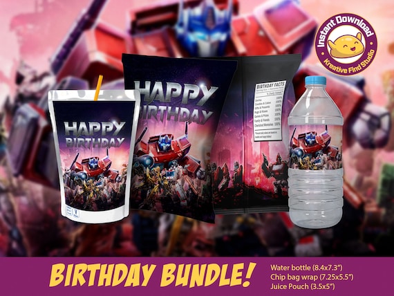 Transformer Capri Label, Chip Bag and Water Bottle Birthday Sticker 