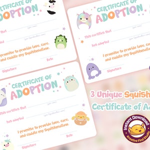 Certificat d'adoption de squishmallow, Adoptez un squish, Certificat imprimable, Anniversaires de squishmallows, Certificat d'adoption de squishmallow