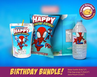 Spidey and Friends Birthday Party Labels: Water Bottle, Chip Bag, Juice (Digital Download)