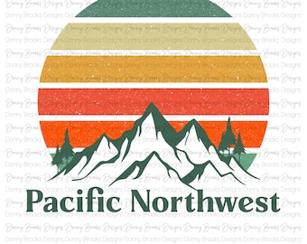 May include: A retro-style graphic design featuring a sunset with orange, red, and yellow stripes, a silhouette of mountains, and the text "Pacific Northwest".
