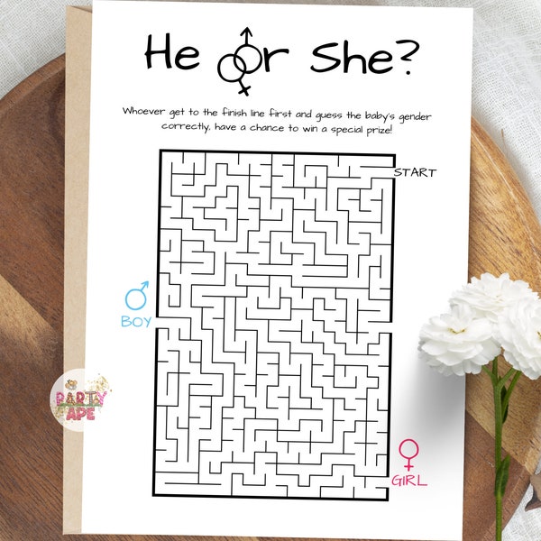 Boy gender reveal maze, unique gender reveal ideas, labyrinth gender reveal game he or she, gender reveal party, printable baby shower games