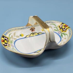 Antique Morimura Nippon Hand-Painted Porcelain Handled Cookie Basket with Floral and Greek Key Design