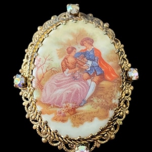 Vintage Limoges Fragonard Courting Couple Porcelain Signed Brooch