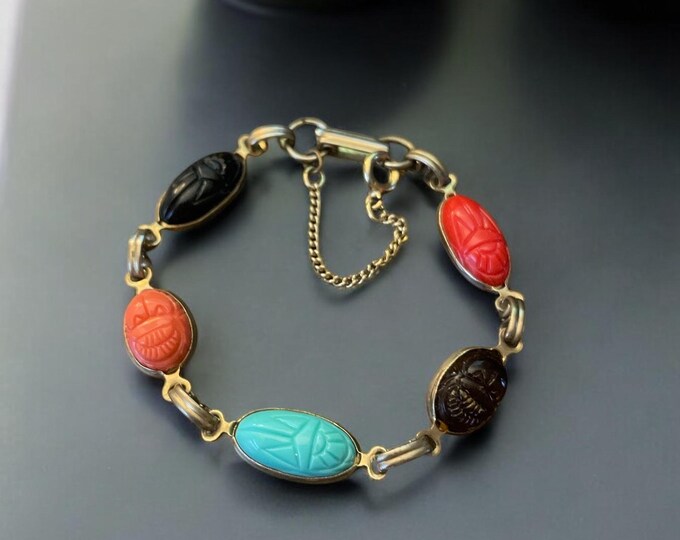 Vintage Scarab Bracelet Witg Safety Chain -colors of Red, Brown ...