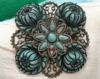 Vintage Estate Turquoise Celluloid Filigree Brooch