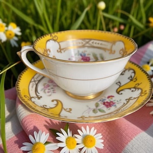 Vintage Tuscan Bone China Teacup and Saucer: Yellow Floral, Gold Trim, Made in England