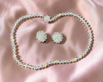 Vintage 50’s Aurora Borealis Necklace & Clip Earrings