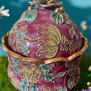 Vintage Cloisonné Handpainted Trinket Box Red Rose