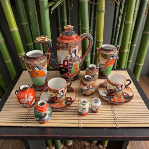 Op de afbeelding: Een Japanse theeset met een theepot, kopjes, schotels, vazen en kleine decoratieve potjes. De set is versierd met afbeeldingen van vrouwen in traditionele kleding, met rode, oranje en zwarte accenten. De set staat op een bamboemat.
