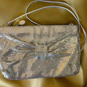 Whiting and Davis Gold Mesh Bow Evening Bag with Crossbody Strap