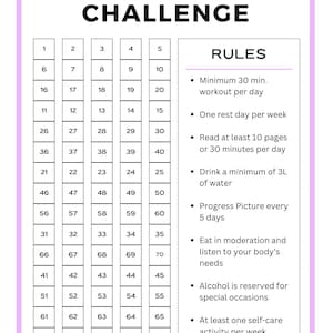 Op de afbeelding: Een roze en witte kaart met de tekst "75 SOFT CHALLENGE" bovenaan. De kaart is verdeeld in 75 vierkanten, genummerd van 1 tot en met 75. De kaart wordt vergezeld van een lijst met regels voor een 75-daagse uitdaging.