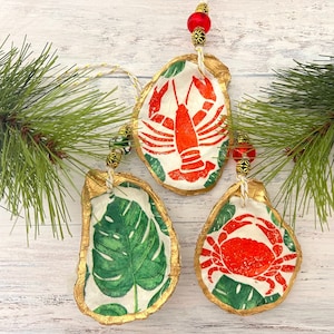 Oyster Shell Christmas Ornament, Lobster, Crab,  Palm Leaf, Crustaceans