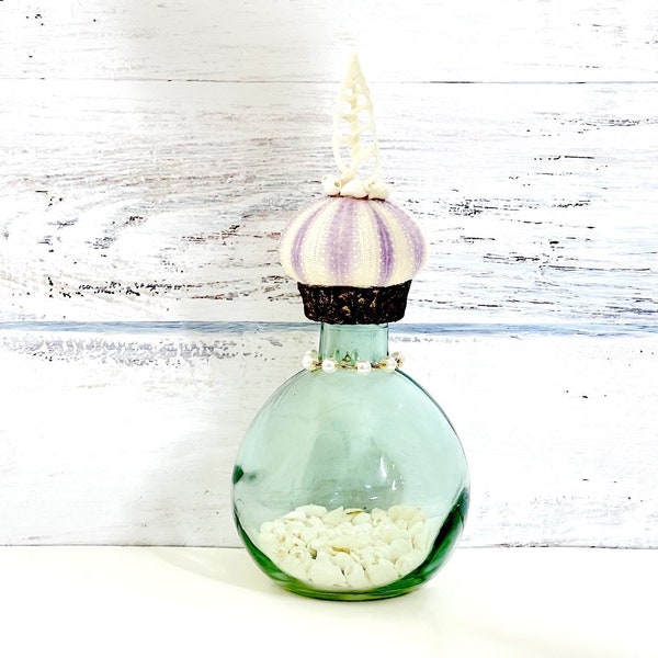 Shell Bottle, Beach Decor,Sea Urchin, Shell Art, Ocean Lover's Gift