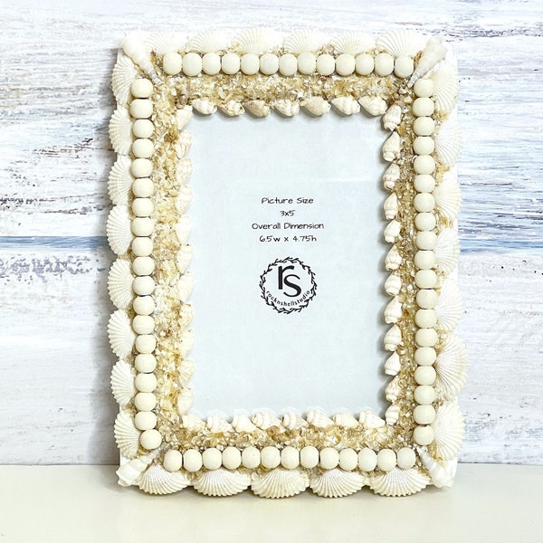 White Shell Picture Frame, 3x5 Photo, Beach Wedding Gift, Beach Decor, Seashell Art, Vacation Memory, Anniversary