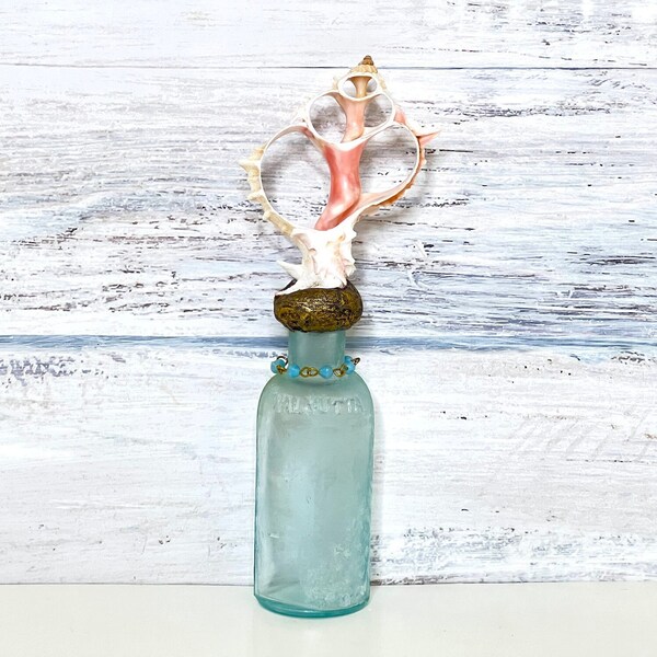 Shell Bottle, Vintage Aqua Bottle, Beach Decor, Shell Art, Ocean Lover's Gift, Sliced Pink Murex Shell