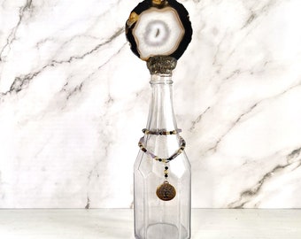 Agate Bottle, Sliced Agate Topped Bottle, Vintage Bottle, Druzy, Black Sliced Agate, Tree of Life Charm, Lavender Beads, Agate Art