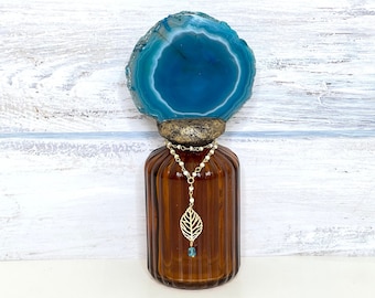 Agate bottle, Sliced Agate Topped Bottle, Amber Bottle, Blue Agate, , Leaf Charm, Agate Art, Geode Home Decor,