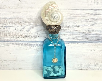 Shell Bottle, Beach Decor, Decorative Bottle, Beach House, Pearled Jade Turbo Shell, Shell Art, Ocean Lover's Gift