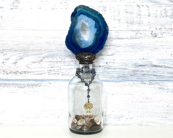 Agate bottle, Sliced Agate Topped Bottle, decorative Bottle, Blue Agate, Tree of Life Charm, Agate Art, Geode Home Decor