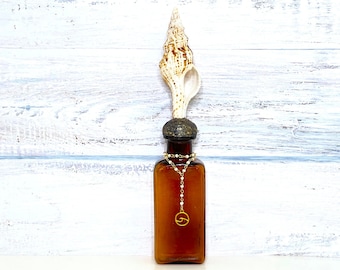 Shell Bottle, Vintage Amber Brown Bottle, Spindle Shell, Beach Decor, Beach House, Coastal Theme, Ocean Lover's Gift, Decorative Bottle