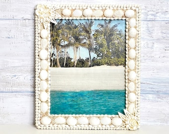 White Shell Picture Frame, 8x10 Photo, Beach Wedding Gift, Beach Decor, Seashell Art, Vacation Memory, Anniversary