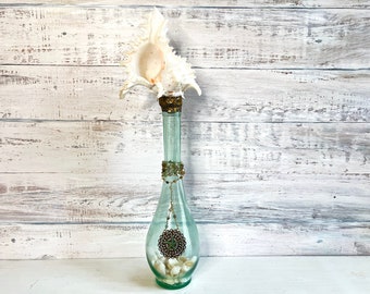 Shell Bottle, Vintage Green Bottle, Beach Decor, Coastal, White Murex Shell