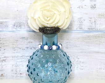 Shell Bottle, Beach Decor, Shell Flower, Blue Glass Bottle, Beach House, Ocean Lover's Gift,  Tropical Theme, Blue and White