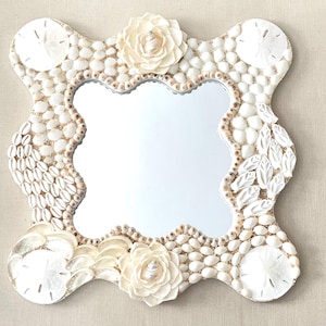 White Seashell Mirror, Wall Decor Shell Art, Coastal Decor, Beach Wedding Gift, Anniversary, Beach House, Ocean Lover&#39;s Gift