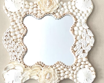White Seashell Mirror, Wall Decor Shell Art, Coastal Decor, Beach Wedding Gift, Anniversary, Beach House, Ocean Lover's Gift