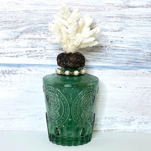 Shell Bottle, Beach Decor, Green Decorative Bottle, White Coral, Shell Art, Coastal Living, Ocean Lover&#39;s Gift, Beach House
