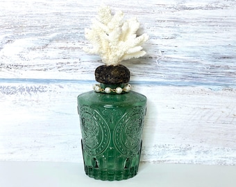 Shell Bottle, Beach Decor, Green Decorative Bottle, White Coral, Shell Art, Coastal Living, Ocean Lover's Gift, Beach House