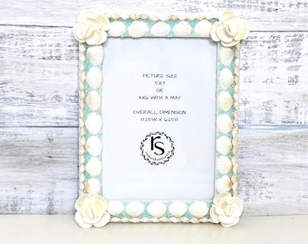 White Shell Picture Frame, 5x7 Photo, Beach Wedding Gift, Beach Decor, Seashell Art, Vacation Memory