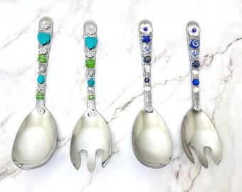 Large Beaded Salad Servers Set of 2, Stainless Steel Utensils, Wire Wrapped, Beach Theme, Ocean Lover's Gift,  One Set of 2