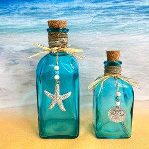 Beach Bottle, Corked Bottle, Ocean Vase, Aqua Vase, Decorative Bottle, Tropical Decor, Beach Decor
