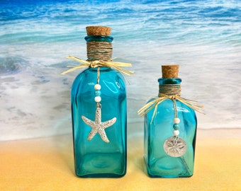 Beach Bottle, Corked Bottle, Ocean Vase, Aqua Vase, Decorative Bottle, Tropical Decor, Beach Decor