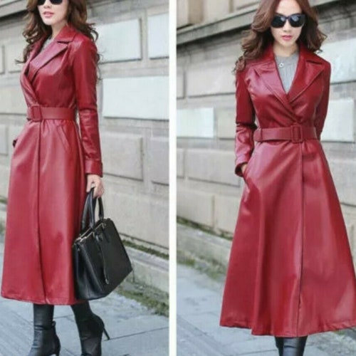 Red Women's Genuine Real Leather Lambskin Long Trench - Etsy