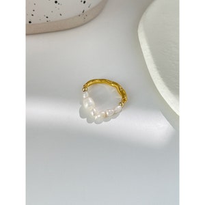 Crushed Gold and Freshwater Pearl Ring | Natural | 18K Gold Plated | Adjustable | Wedding | Party | Gift