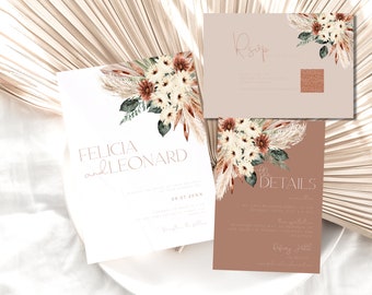Boho Floral Wedding Invitation Template Set, Boho Wedding Invitation Template with QR-code, Editable Invite Suite, Terracotta Pink, JL-W020