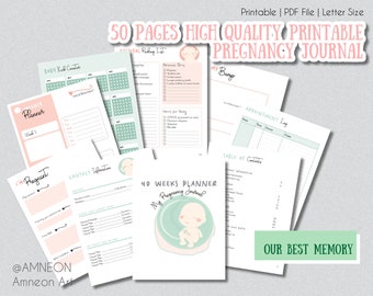 Peut inclure: Un journal de grossesse imprimable avec un thème rose et vert. La couverture présente un bébé dessin animé dans un bain avec le texte "40 Weeks Planner My Pregnancy Journal". Le journal comprend des pages pour suivre les rendez-vous, les coups de pied du bébé et autres étapes de la grossesse. Le texte "Our Best Memory" est imprimé dans le coin inférieur droit de la page.