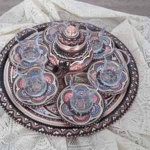 Copper Turkish Tea Set | Enameled Tea Set | New House Greeting Gift | Rustic Kitchen Decoration | Mothers Day Gift | Handmade Tea Set,